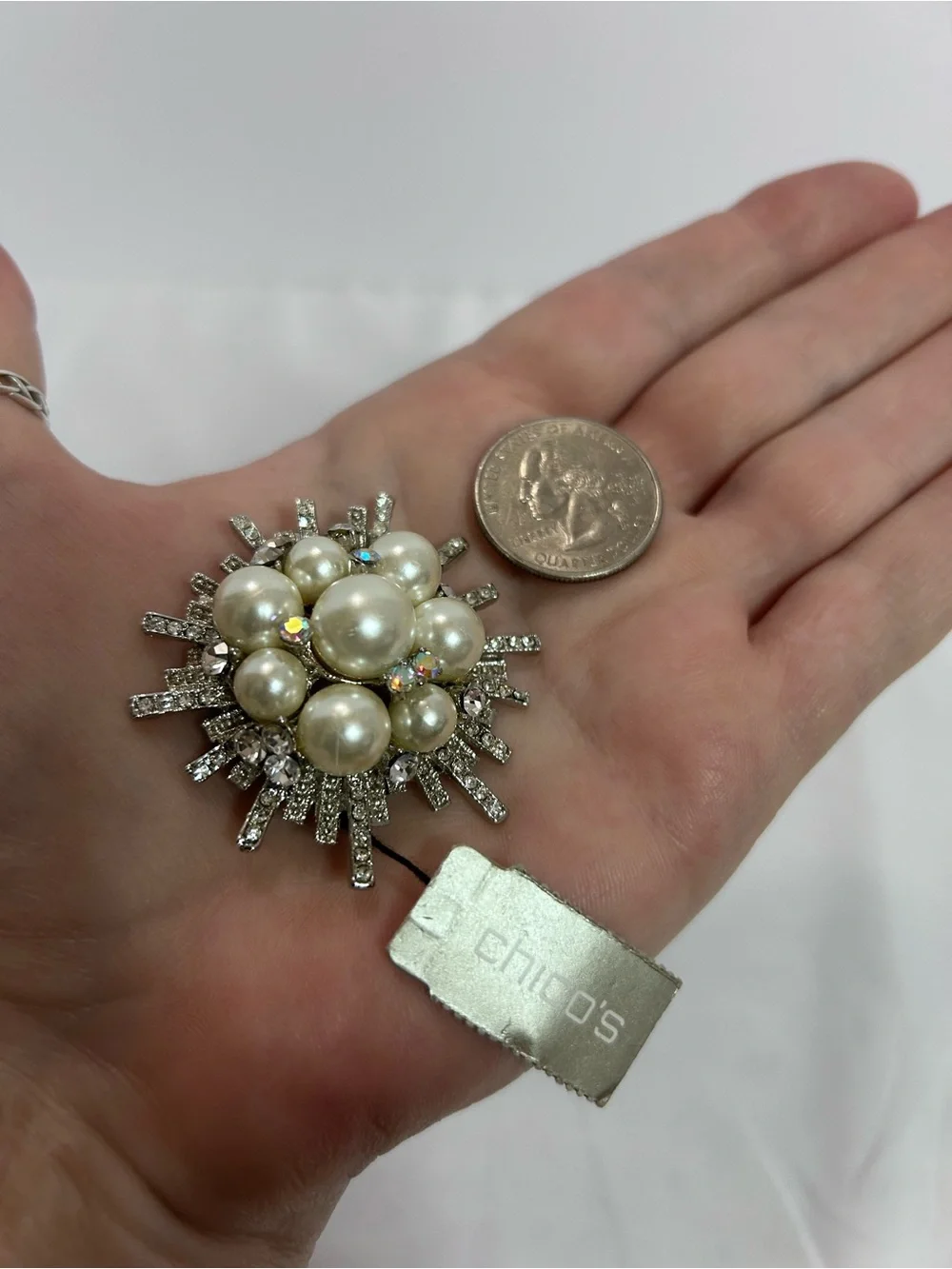 Chico's Pearl & Crystal Sunburst Brooch - Ivory and Silver